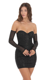 Shimmer Mesh Bodycon Dress in Black